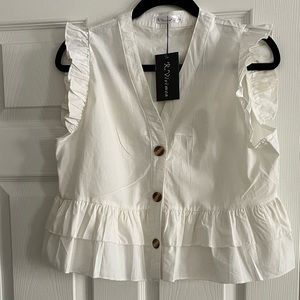 Button down white cropped blouse with ruffles, size L